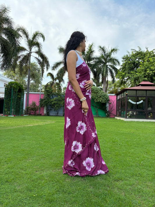 Purple Floral Chinon Saree