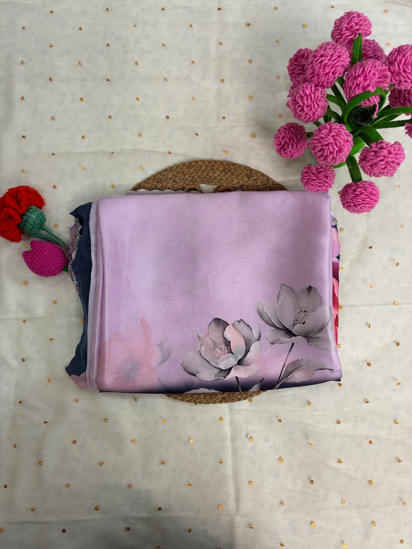 Pink Black Floral Pastel Crepe Satin Saree