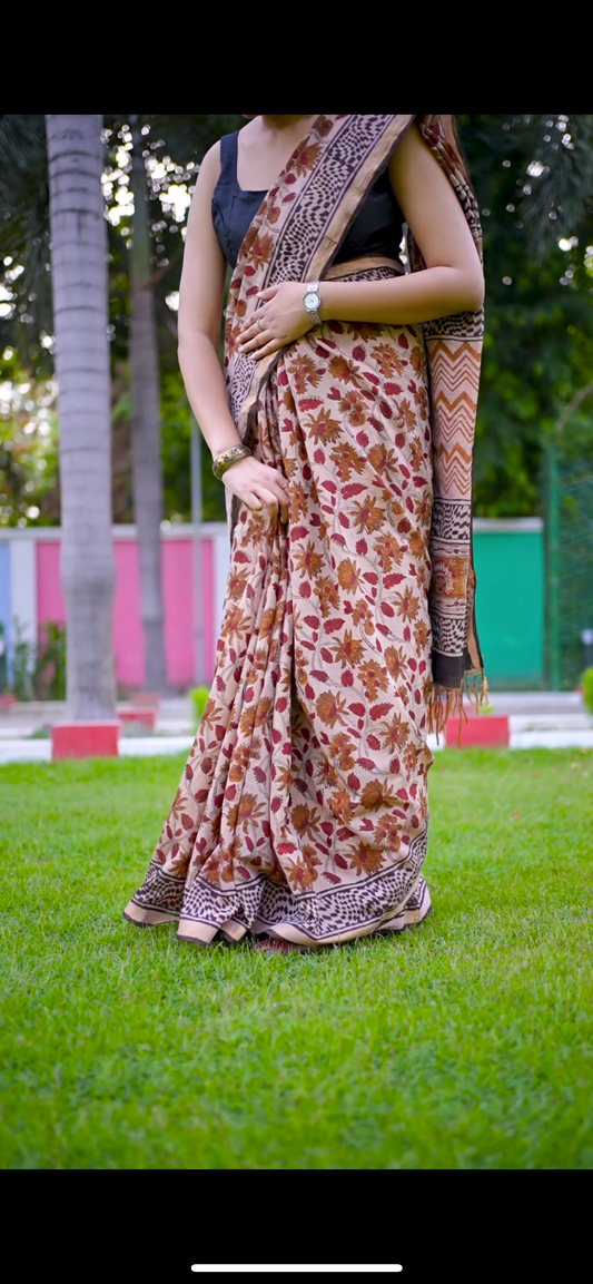 Khadika- Brown Floral Chanderi Printed