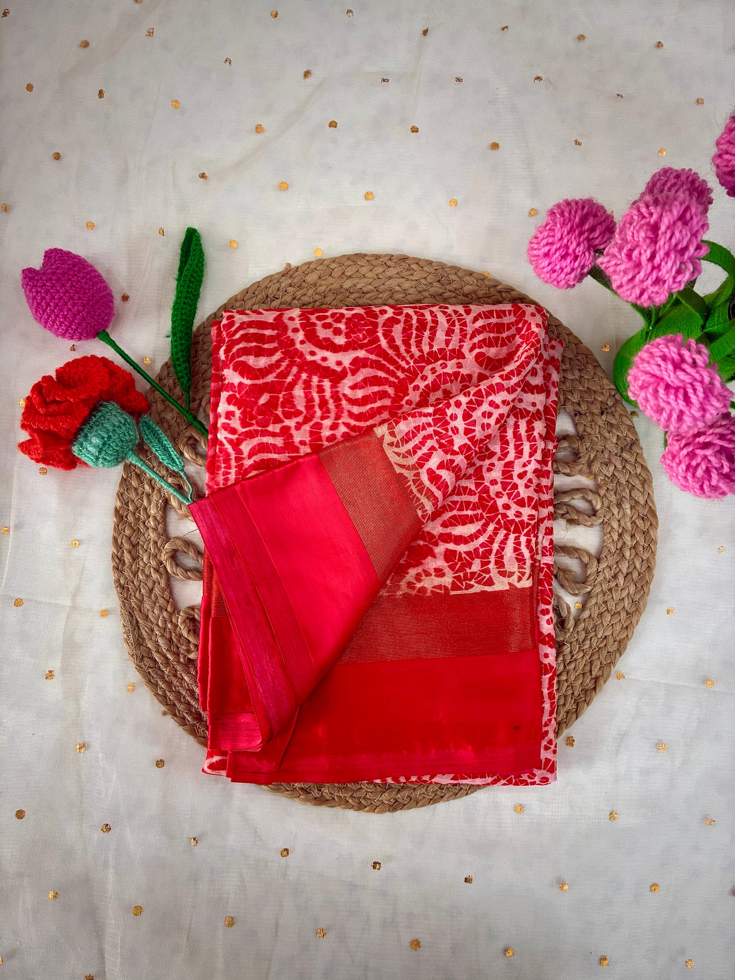 Red White Printed Semi Chiffon Saree