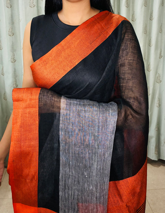 Black Orange Colorblock Pure Linen Saree