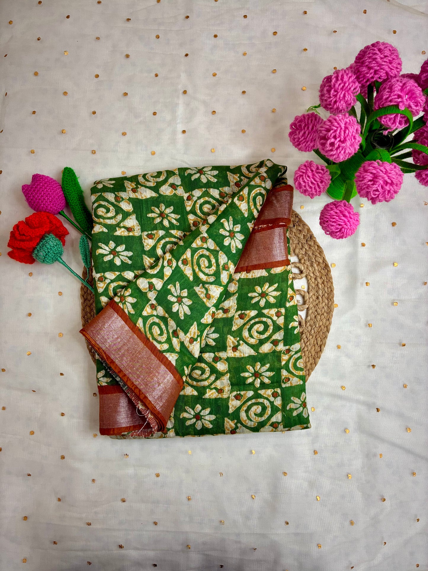 Green Square Design Linen Cotton Saree