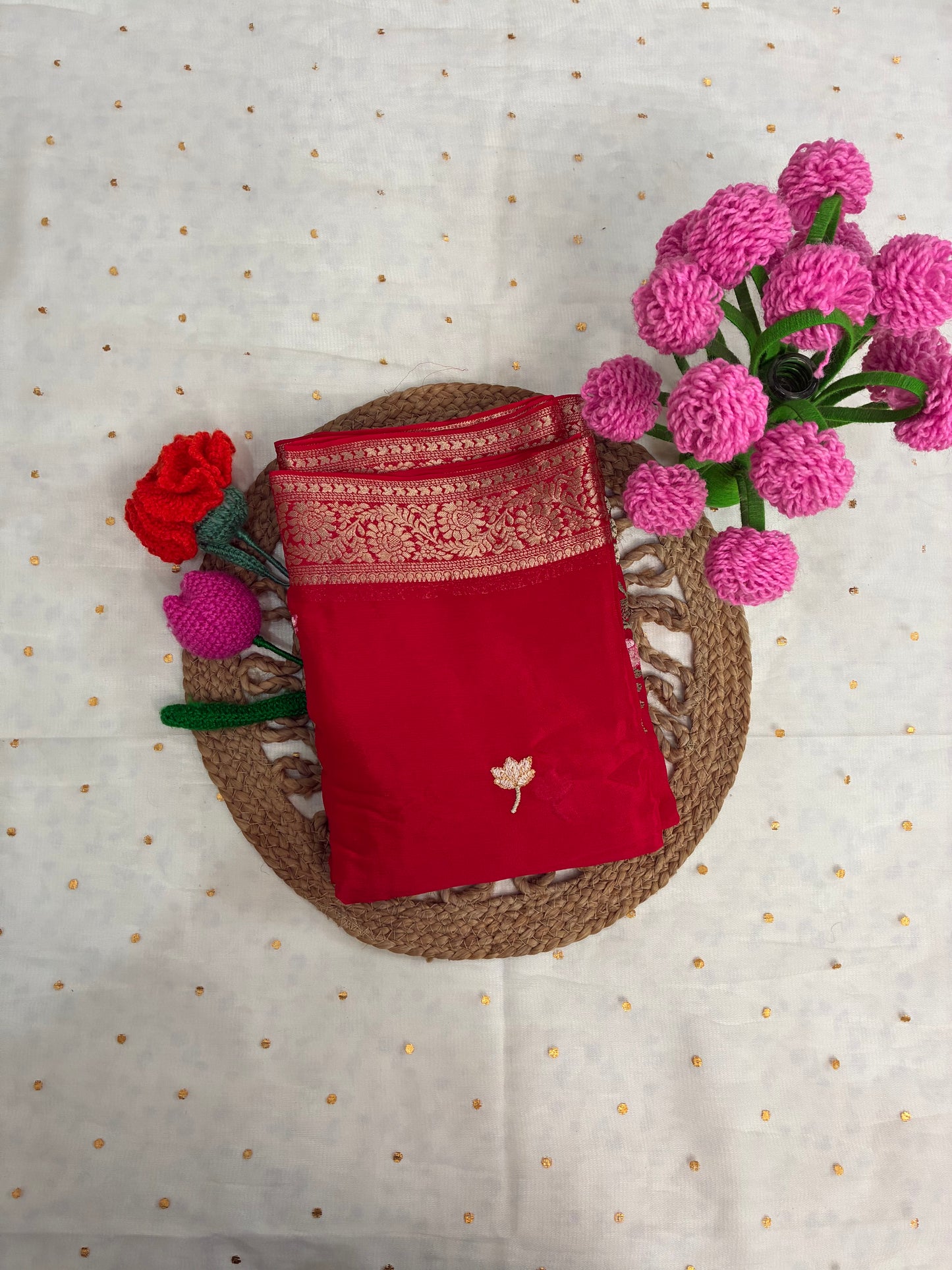 Red Floral Design Chinon Saree