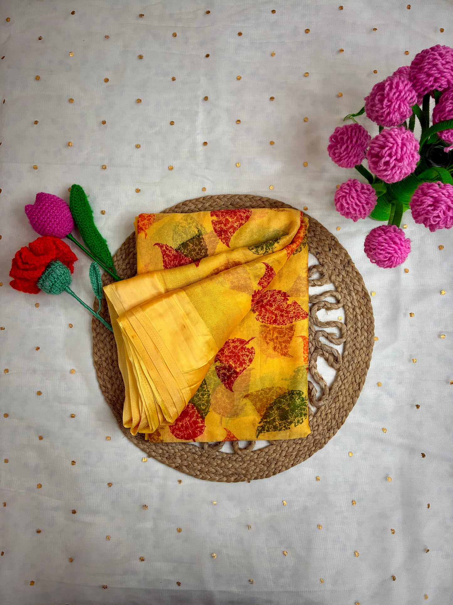 Yellow Leaf Design Semi Chiffon Saree