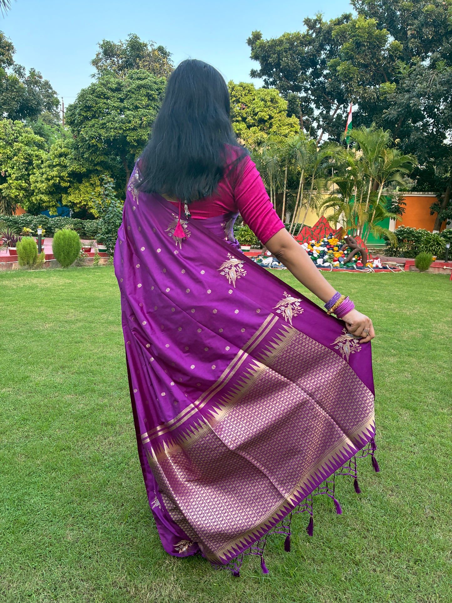 Purple Bird Design Border Satin Silk Saree