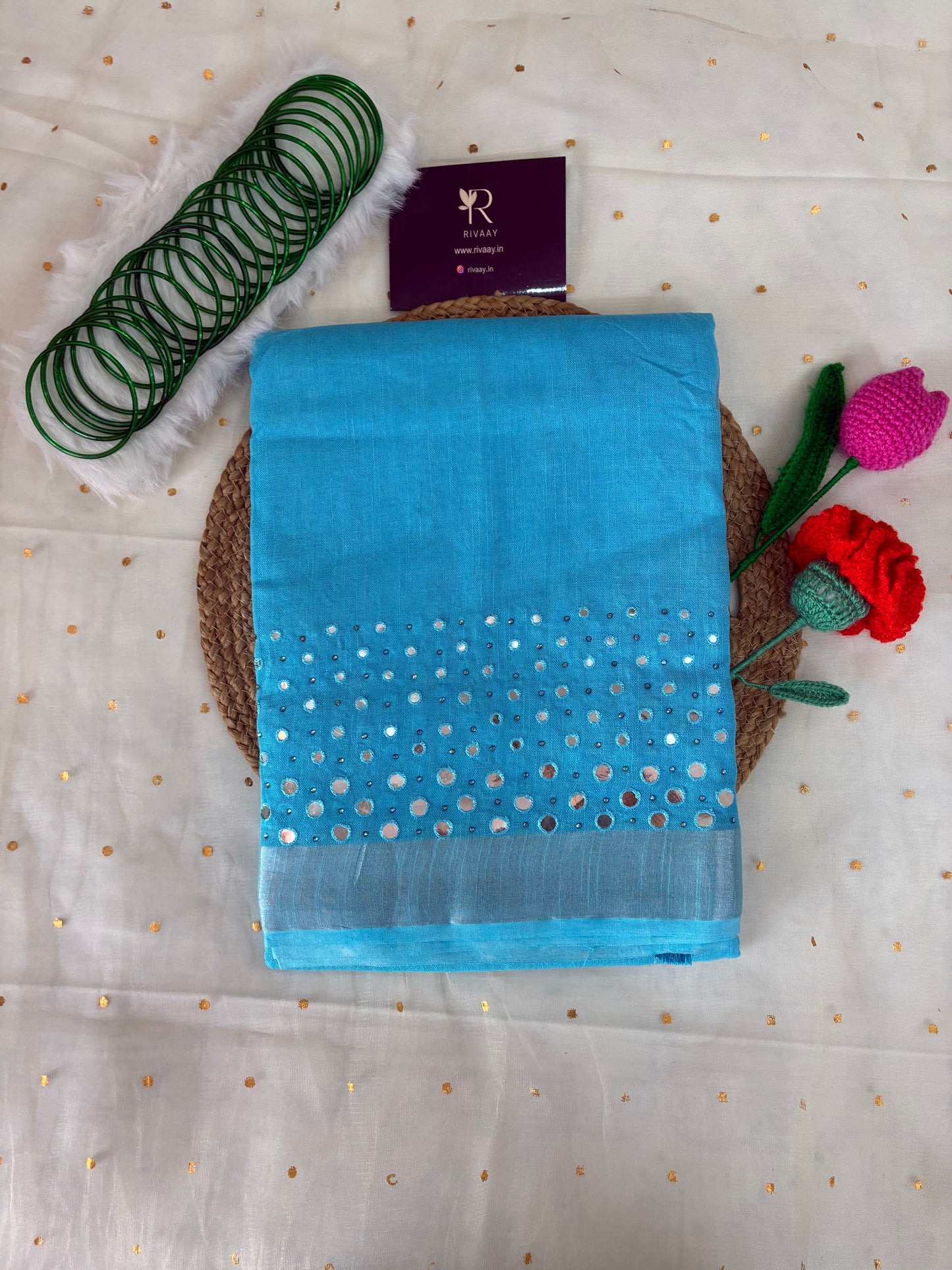 Light Blue Work Pure Linen Saree