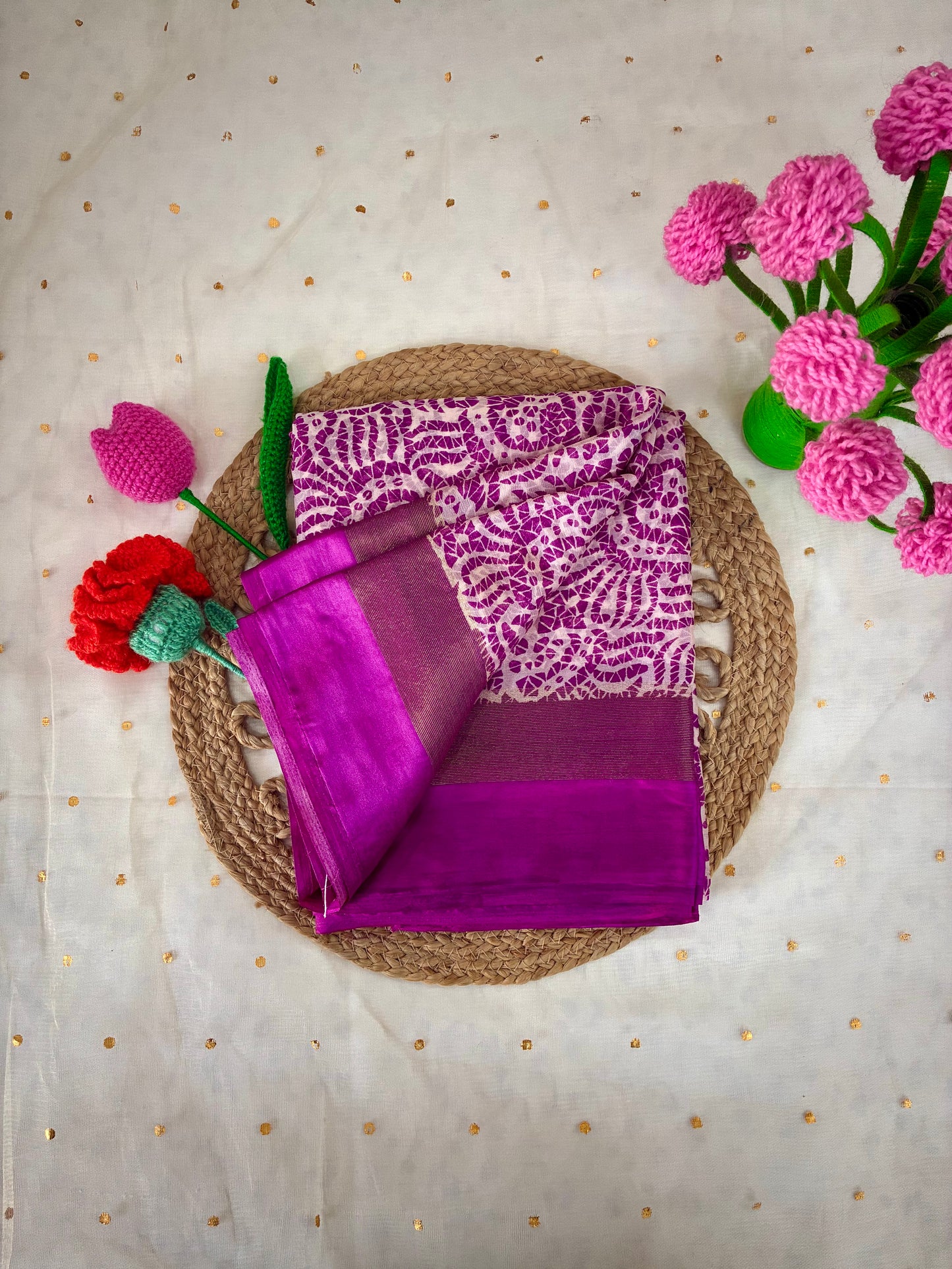Purple White Printed Semi Chiffon Saree