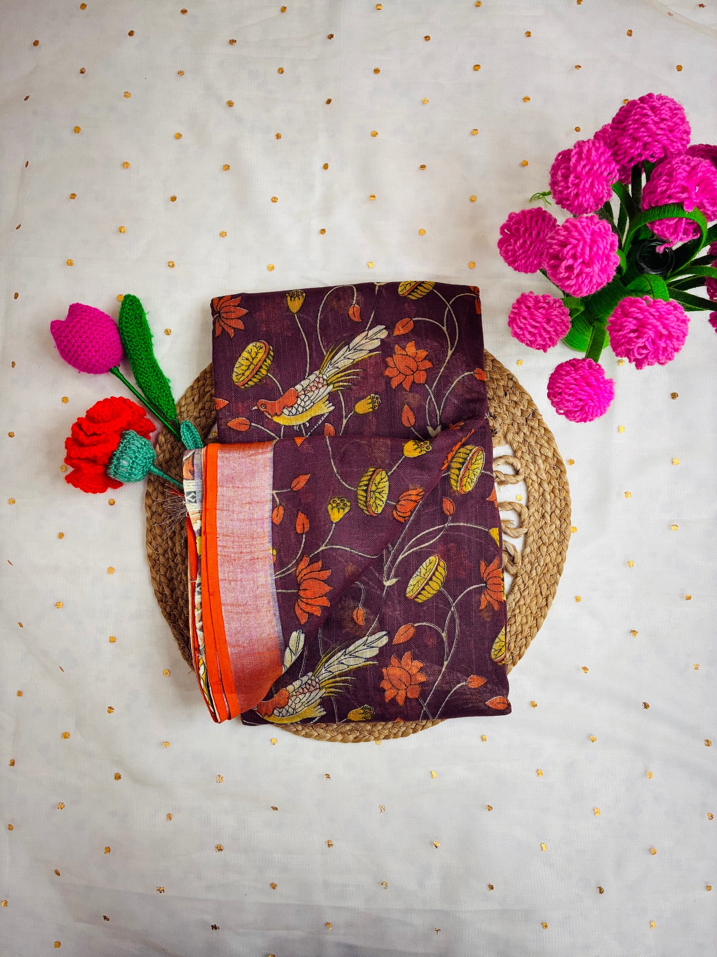 Brown Kalamkari Linen Cotton Saree