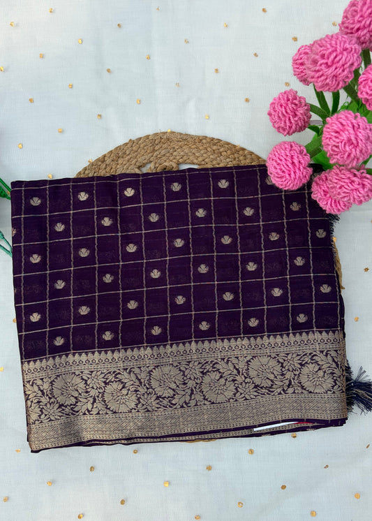 Purple Checkered Butti Chinon Saree