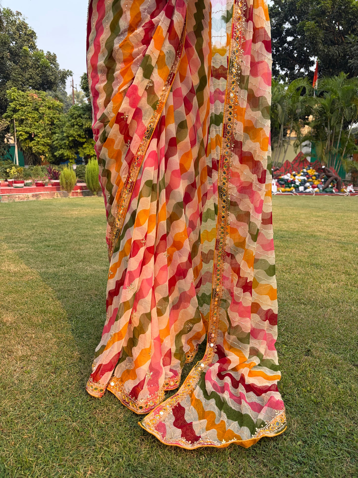 Multicolor Leheriya Work Chiffon Saree
