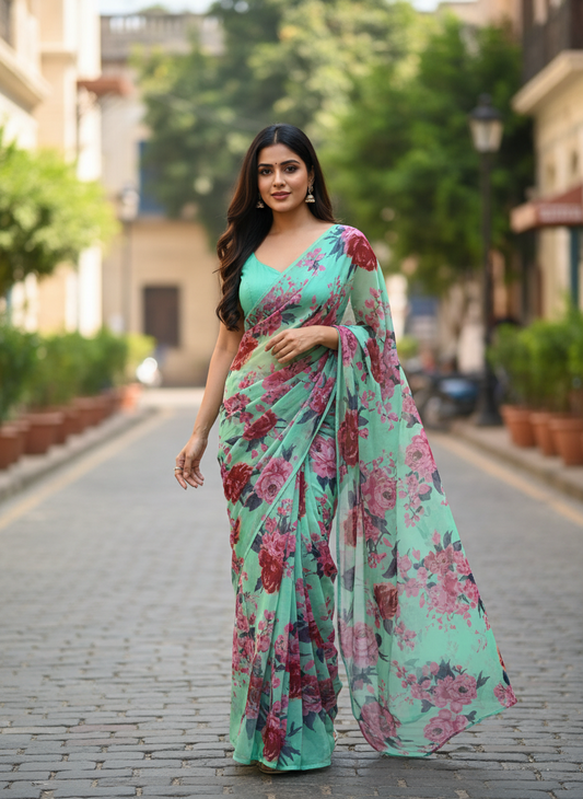Green Floral Chinon Saree