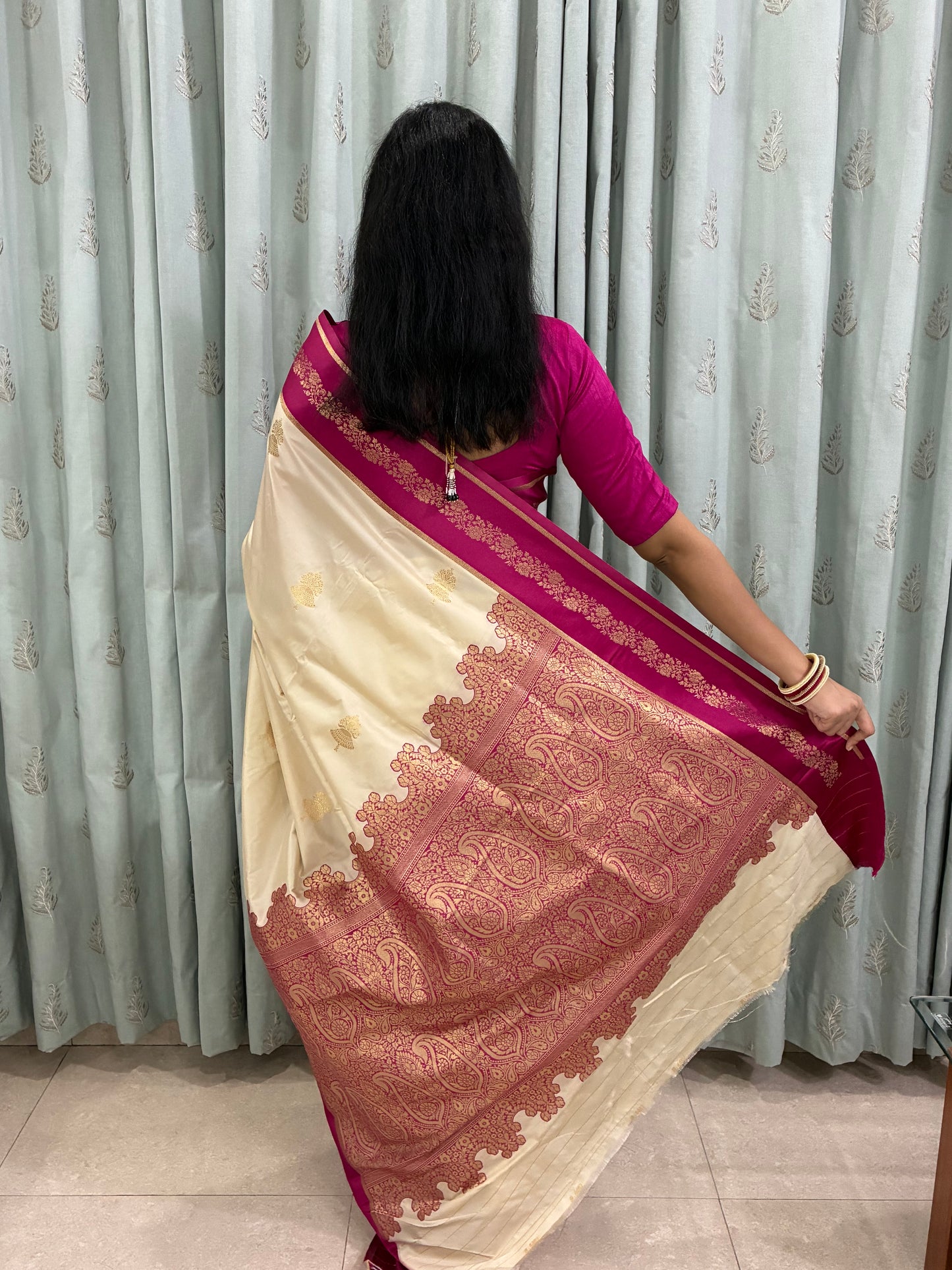 Cream Pink Border Raw Silk Saree