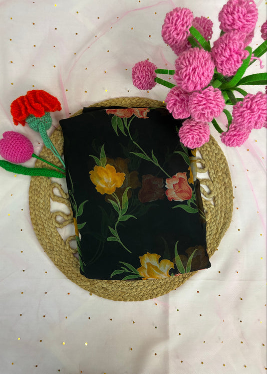 Black Floral Semi Chiffon Saree