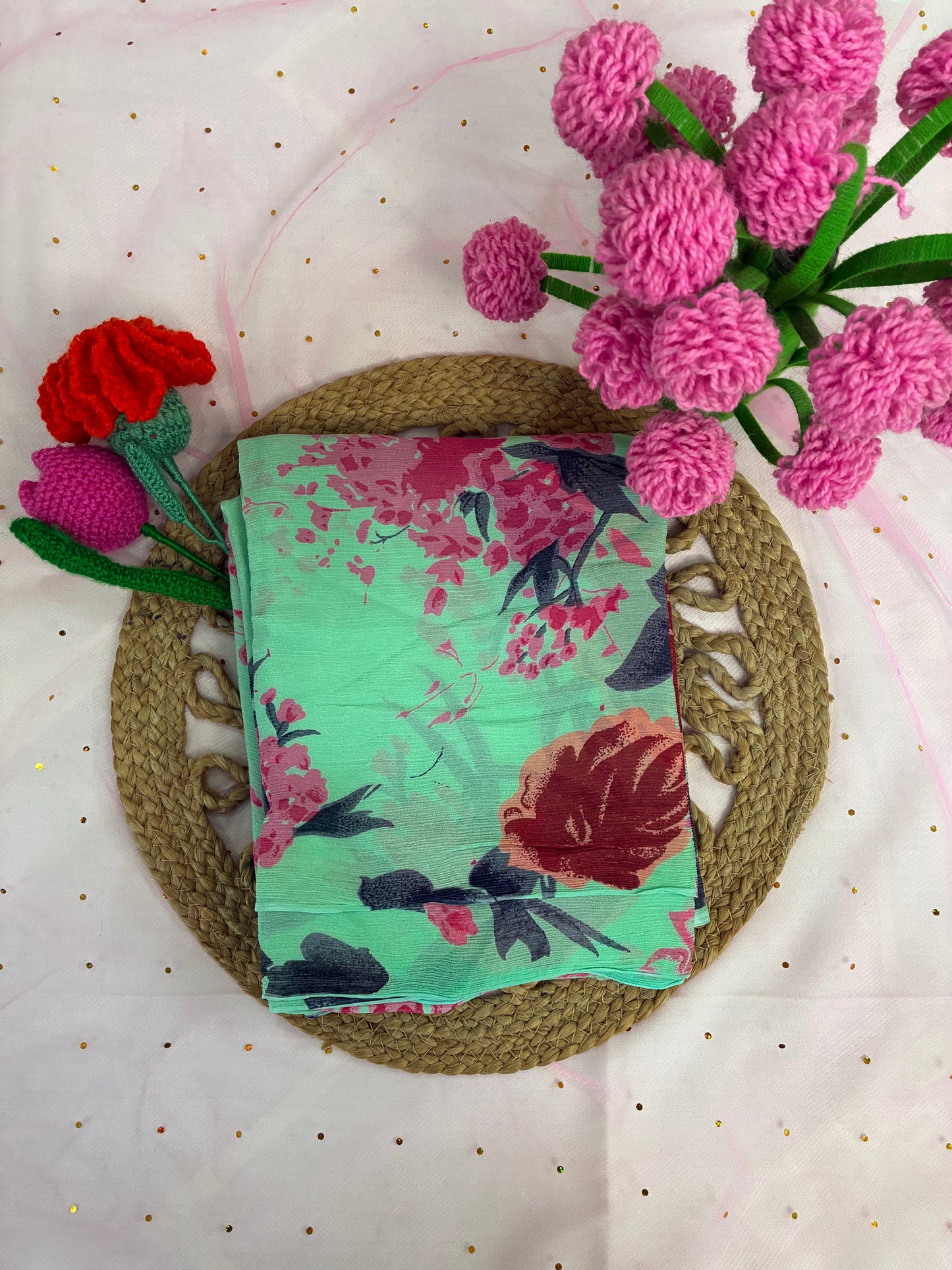 Green Floral Chinon Saree