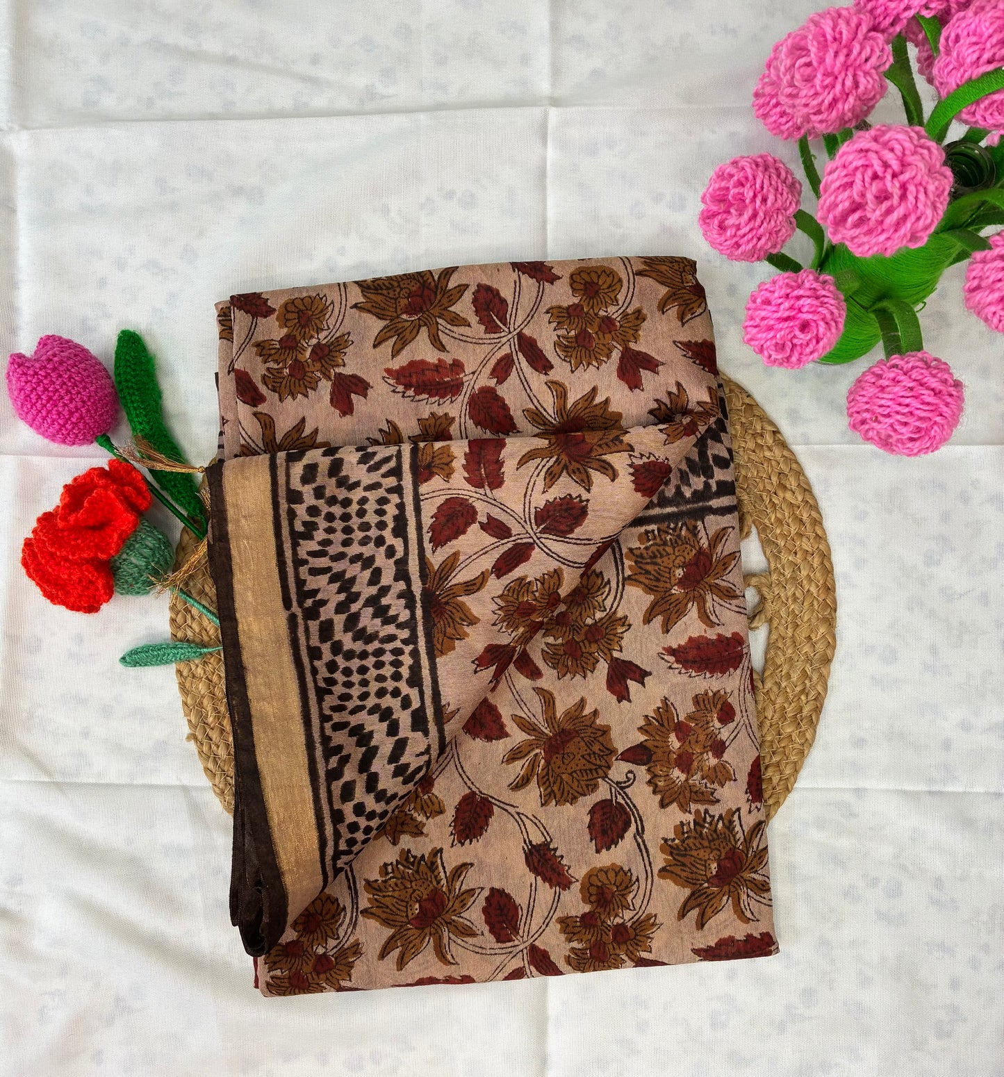 Khadika- Brown Floral Chanderi Printed