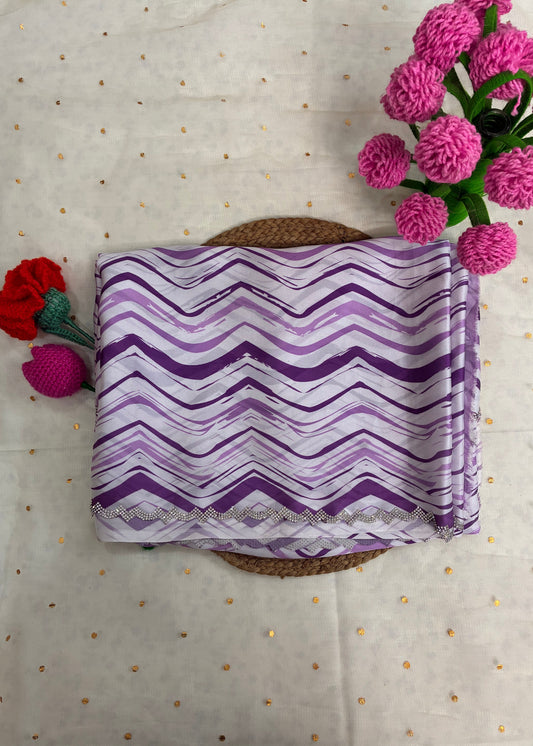 Purple white zig-zag Pastel Crepe Satin Saree