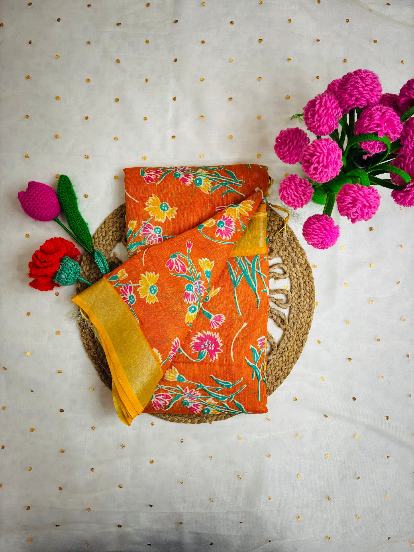 Orange Floral Linen Cotton Saree