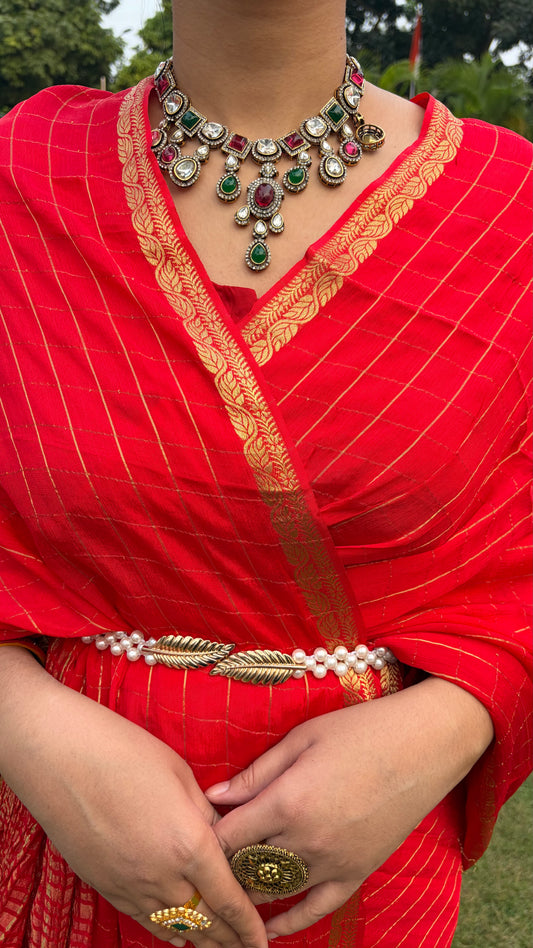 Red Checkered Chiffon Saree