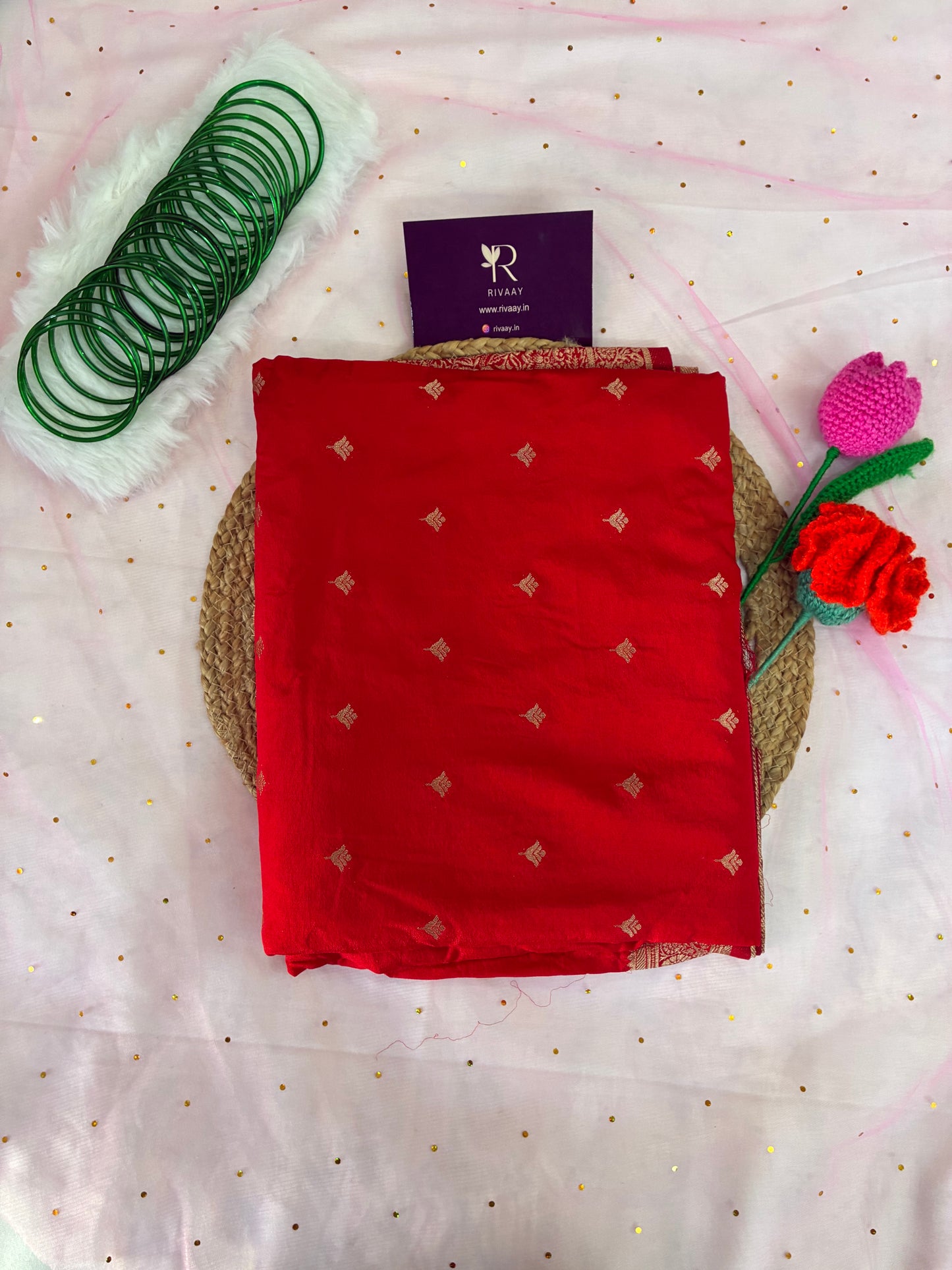 Red Butti Festive Chinon Saree