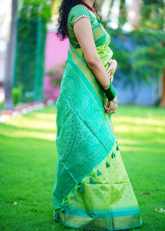Woman wearing a green saree with a blurred garden background