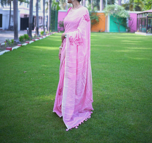 Pink Flower Pure Linen Saree