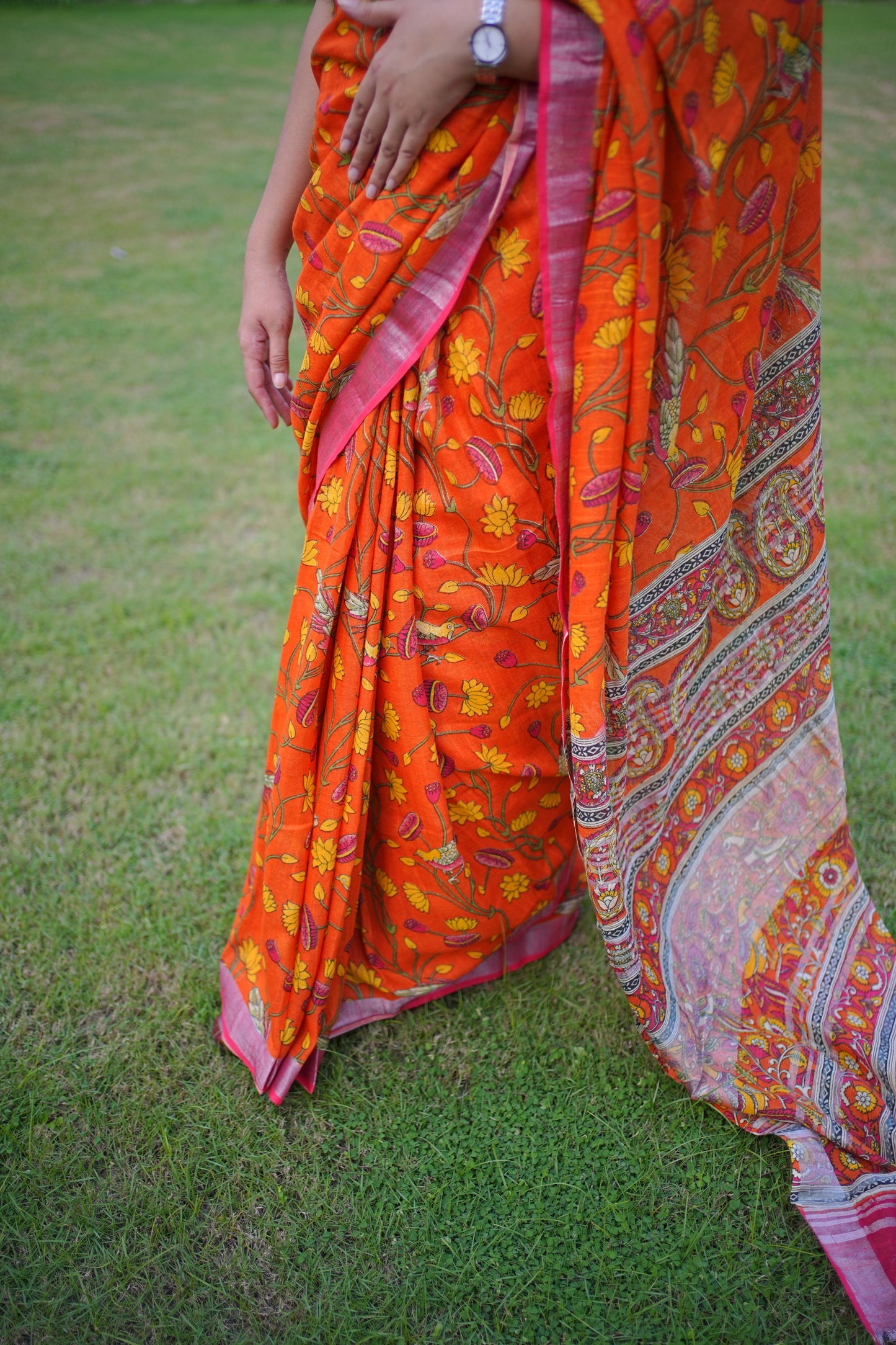 Orange Kalamkari Linen Cotton Saree