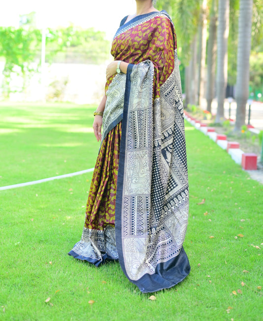 Mridaa- Black & Brown Bhagalpuri Ghicha Silk with Madhubani Print