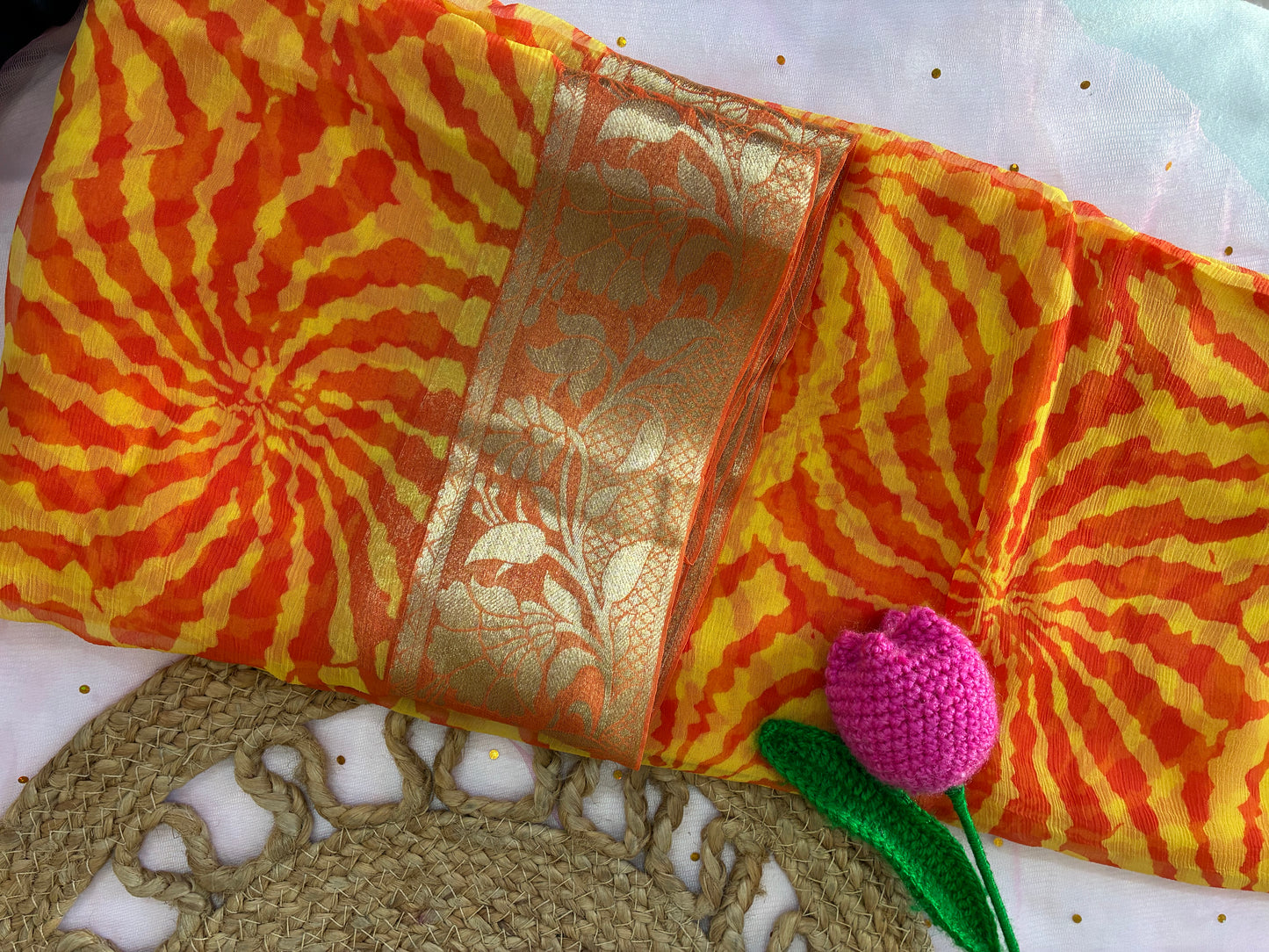 Yellow Orange with Border Pure Chiffon Saree