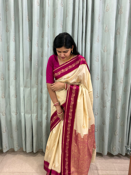 Cream Pink Border Raw Silk Saree