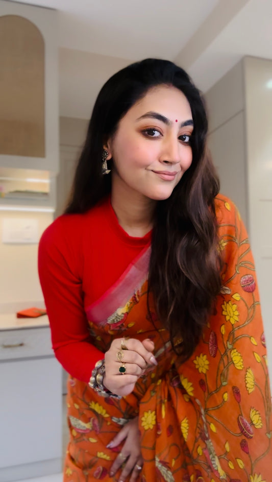 Orange Kalamkari Linen Cotton Saree