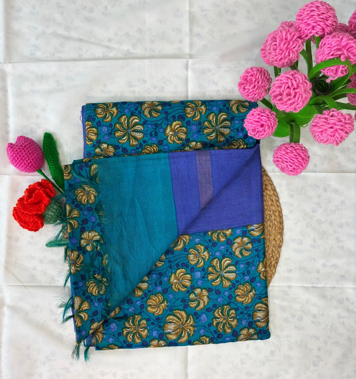 Blue Floral Cotton Silk Saree
