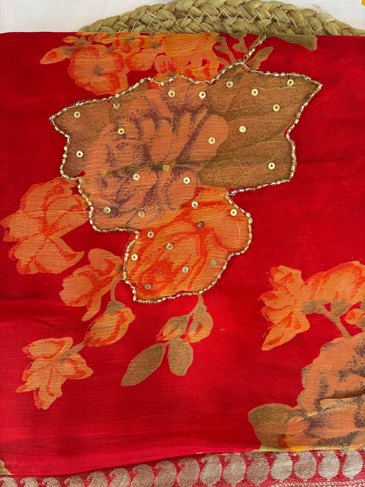 Red Handwork Pure Chiffon Saree