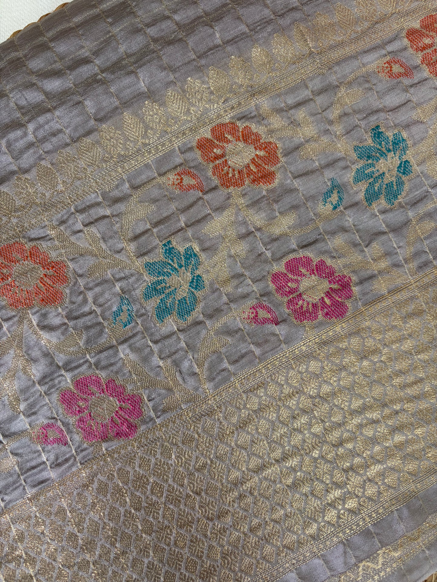 Grey Crumbled Chanderi Saree with Floral Border