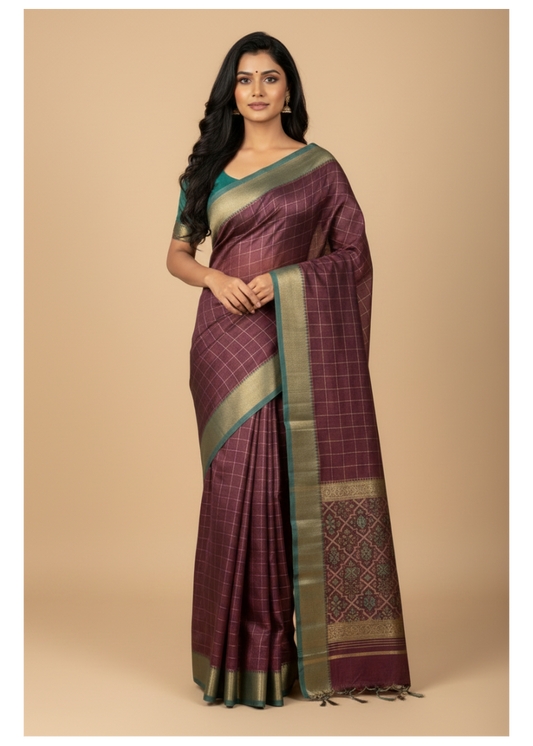Purple Check Chanderi Silk Saree