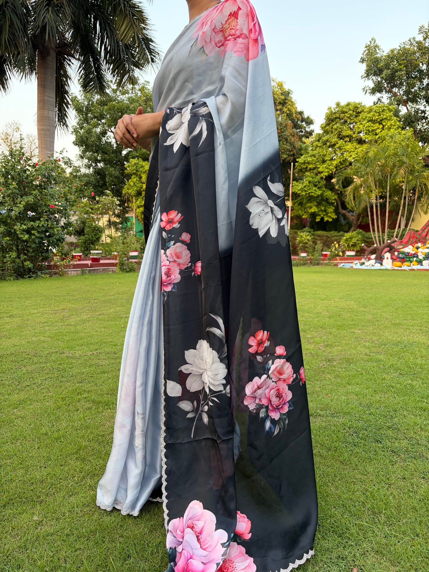 Grey Black Floral Pastel Crepe Satin Saree