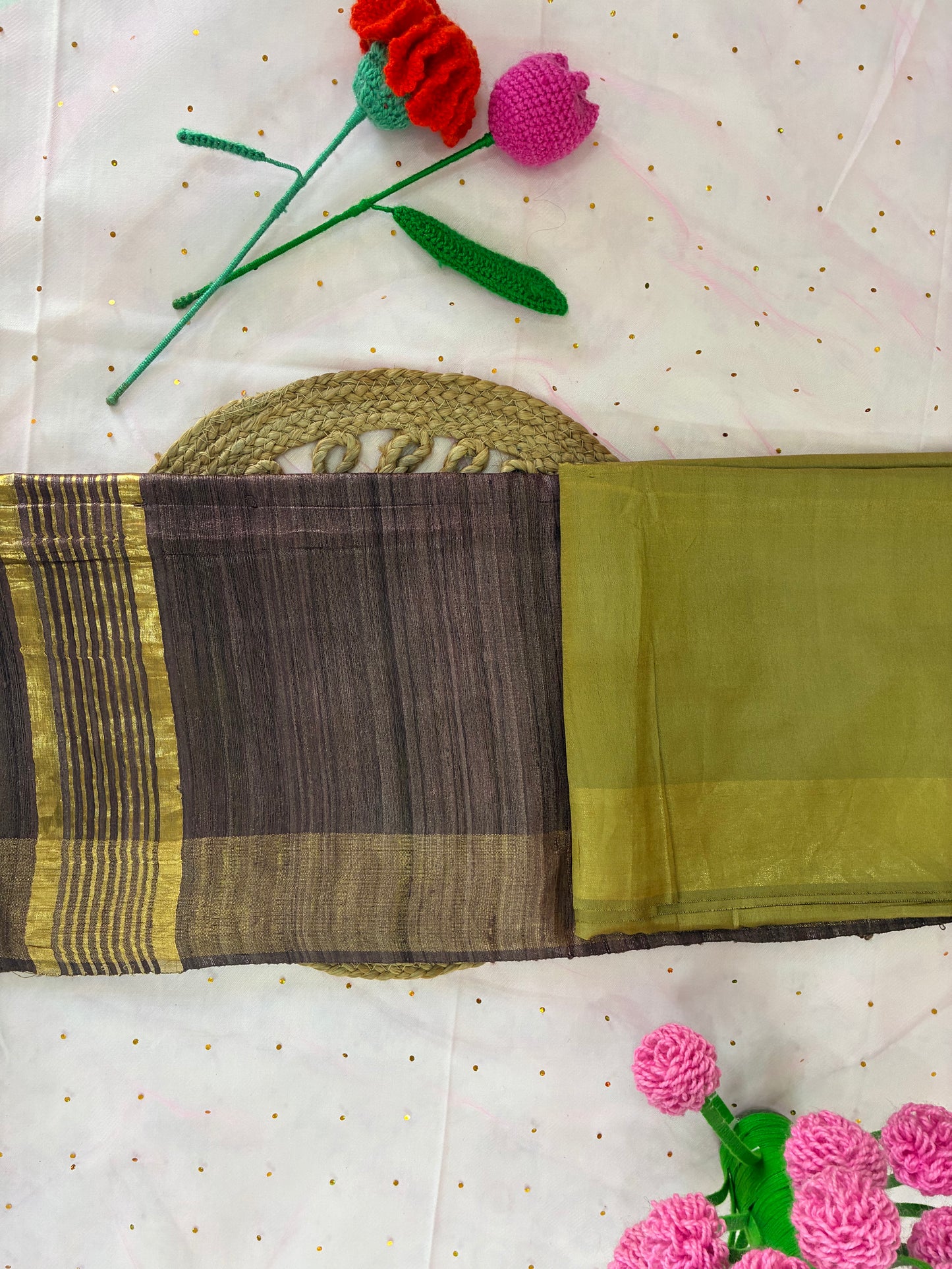 Mehndi- Brown Half Silk Bhagalpuri Silk Saree