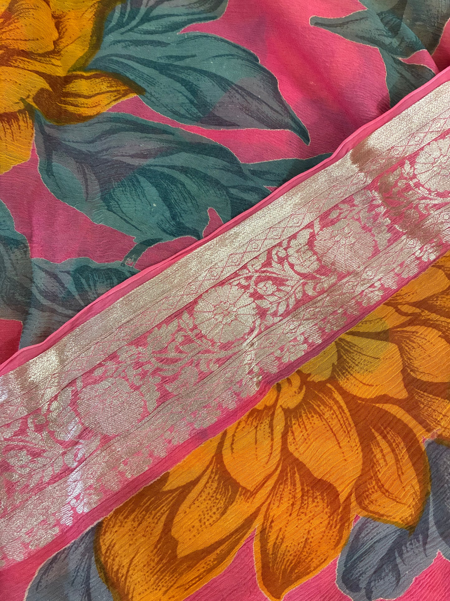 Pink Floral Pure Chiffon Saree