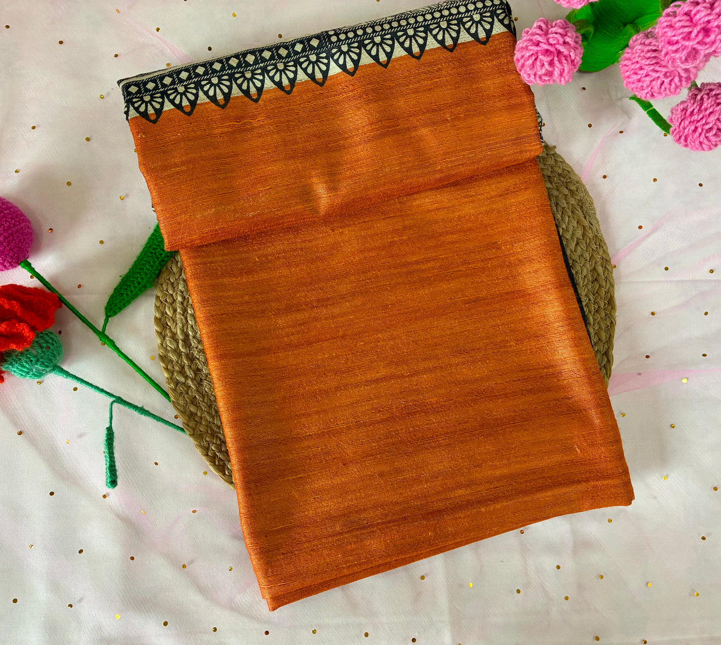 Orange Bhagalpuri Ghicha Silk with Madhubani Print