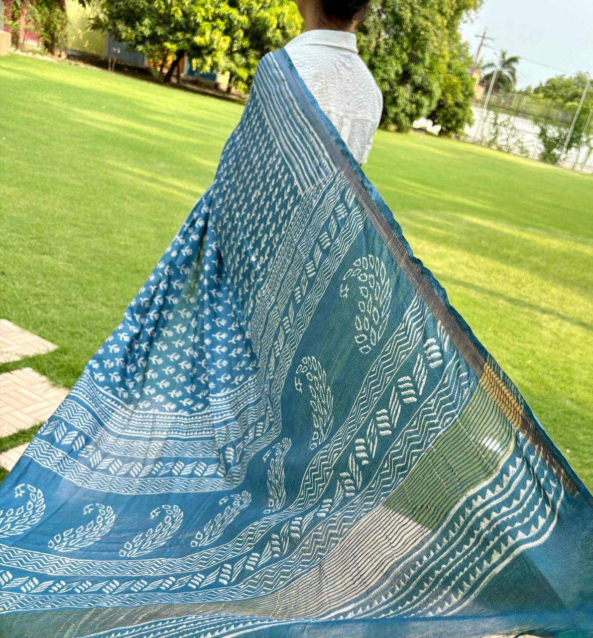 Indiva- Deep Blue Chanderi Bagru Print