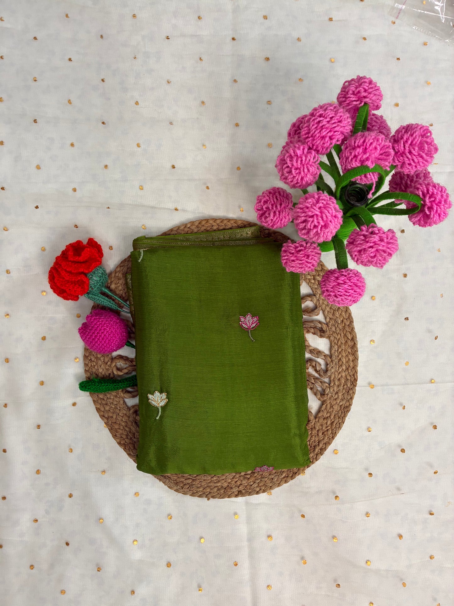 Green Floral Design Chinon Saree