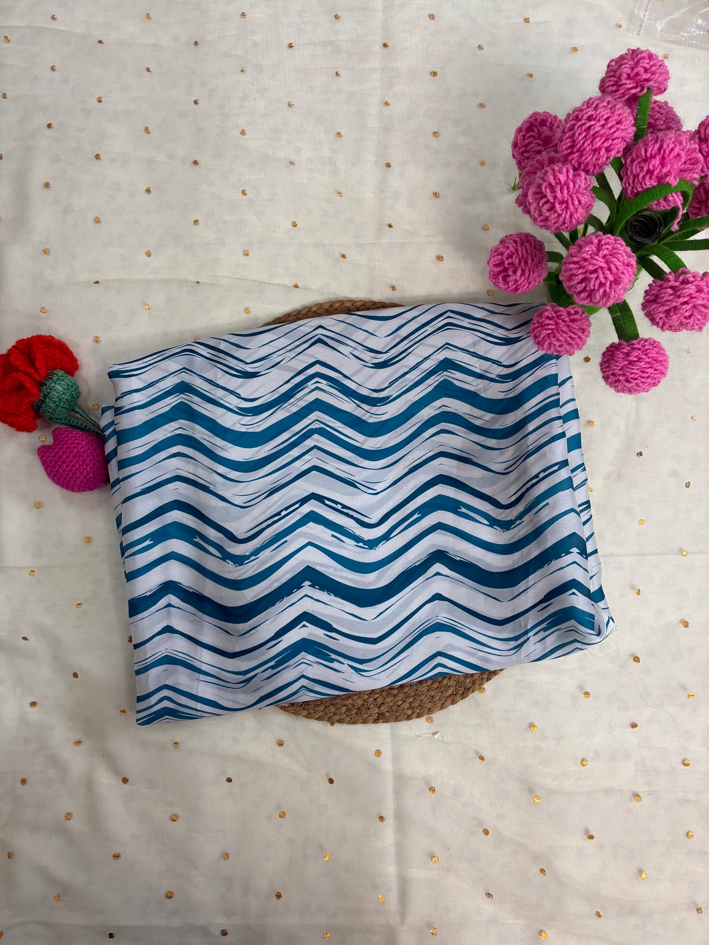 Blue white zig-zag Pastel Crepe Satin Saree