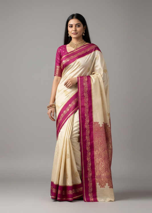 Cream Pink Border Raw Silk Saree