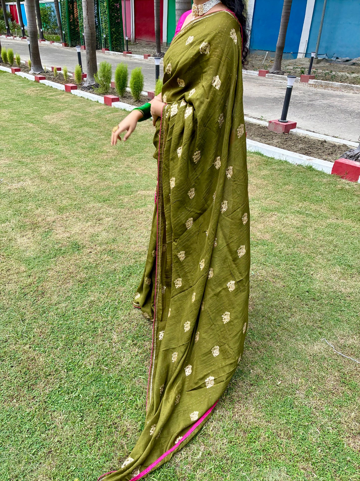Green Elephant Motif Festive Saree