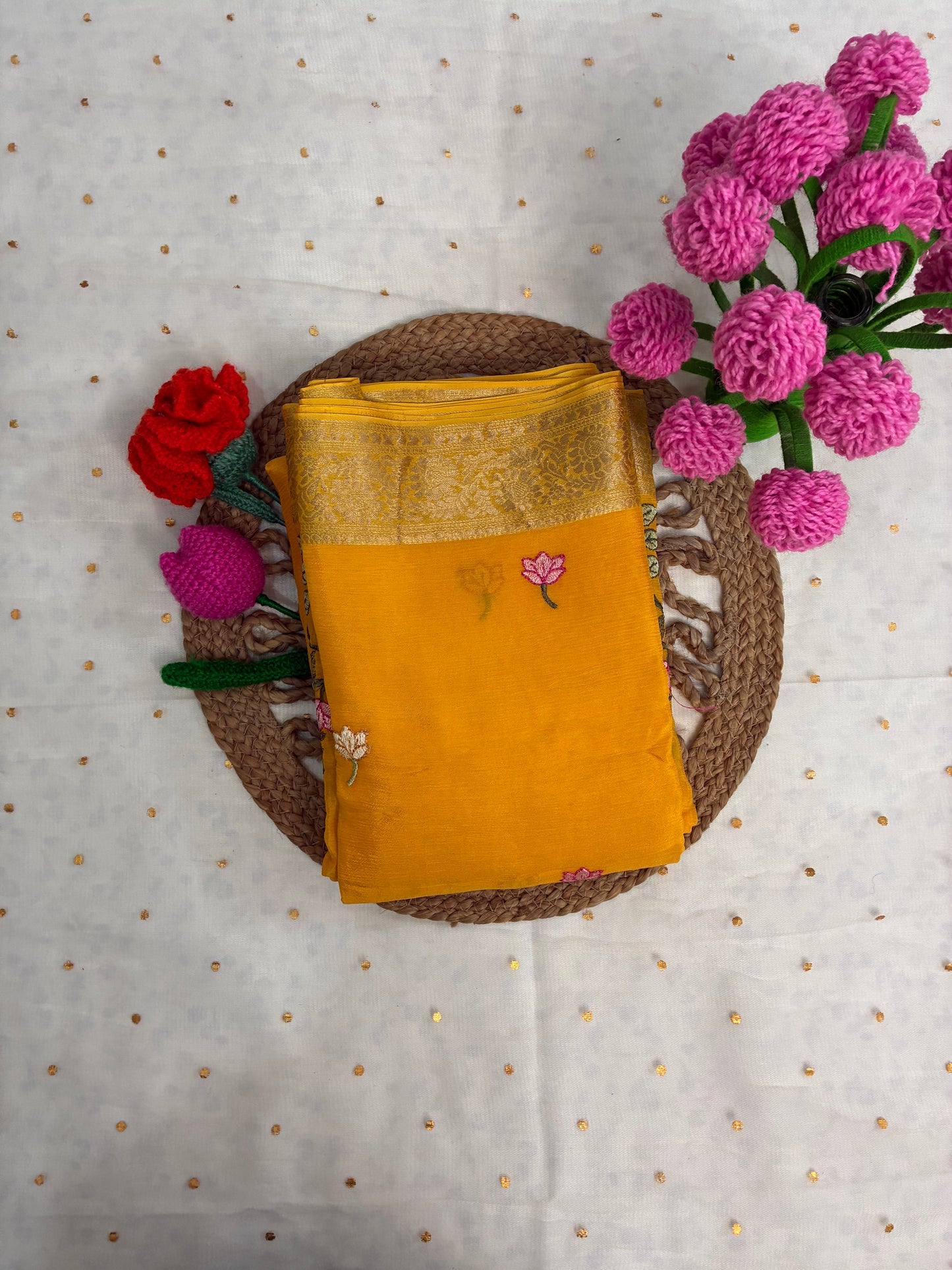 Yellow Floral Design Chinon Saree