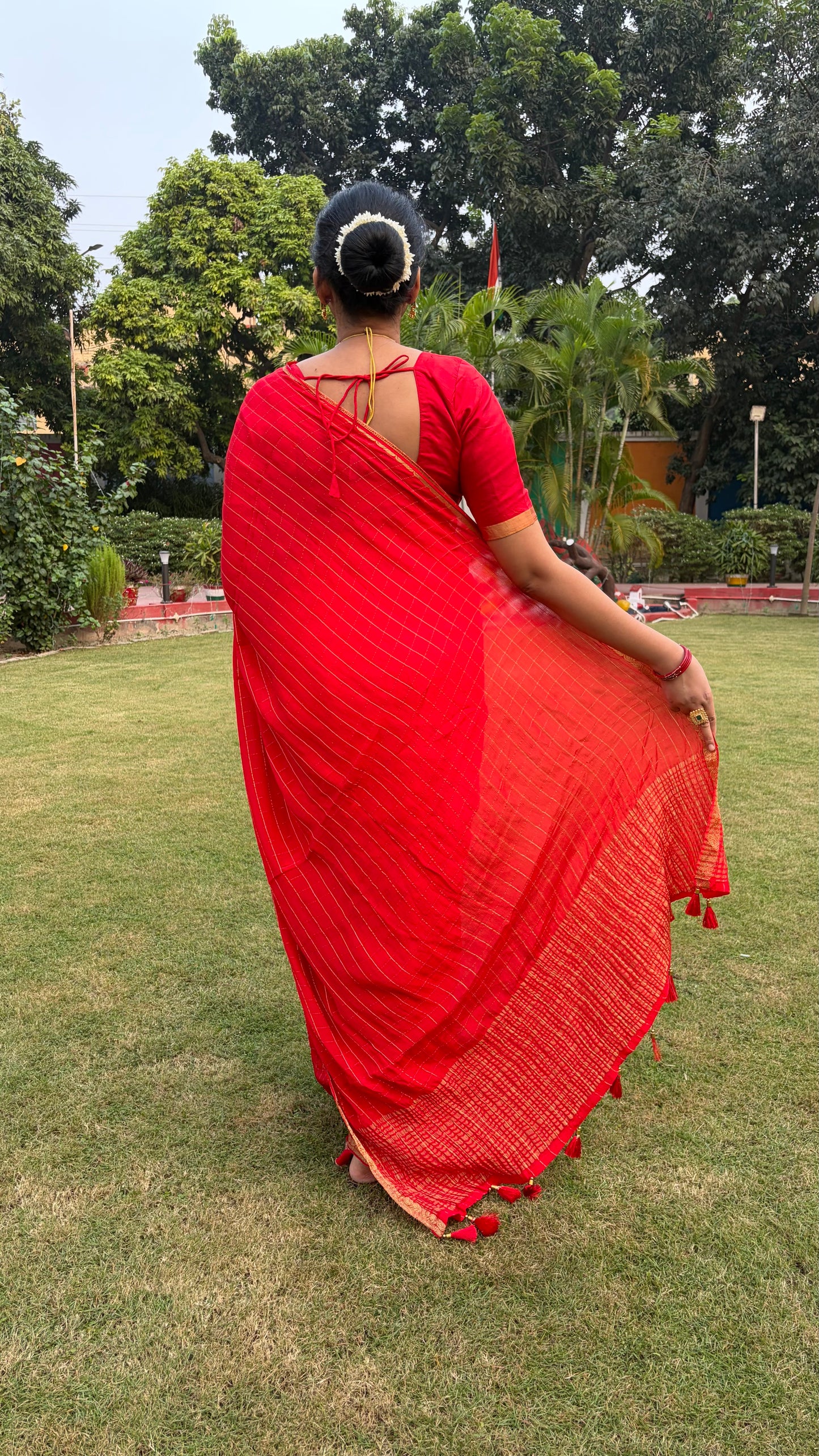 Red Checkered Chiffon Saree