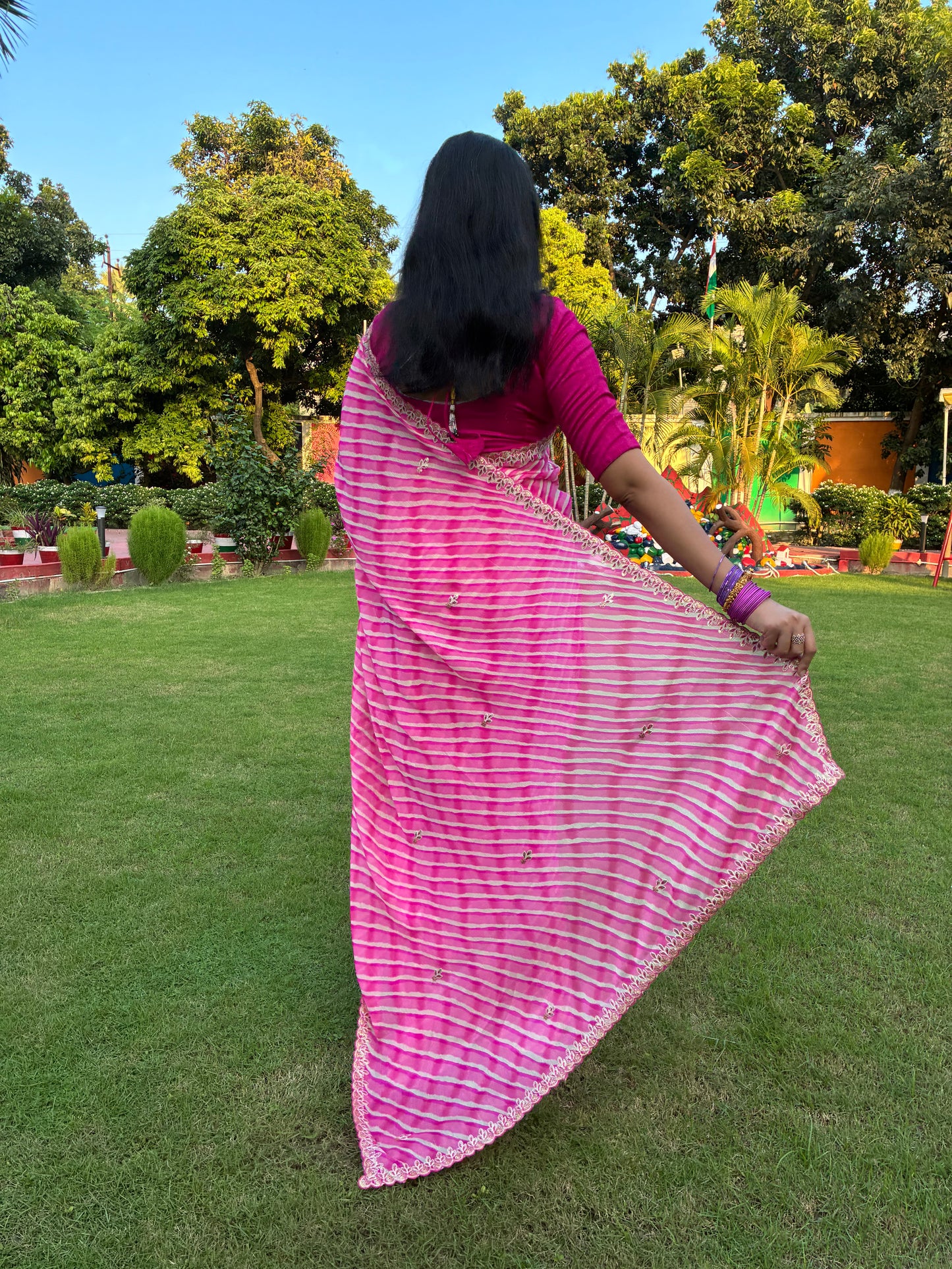 Pink Leheriya Semi Chiffon Saree