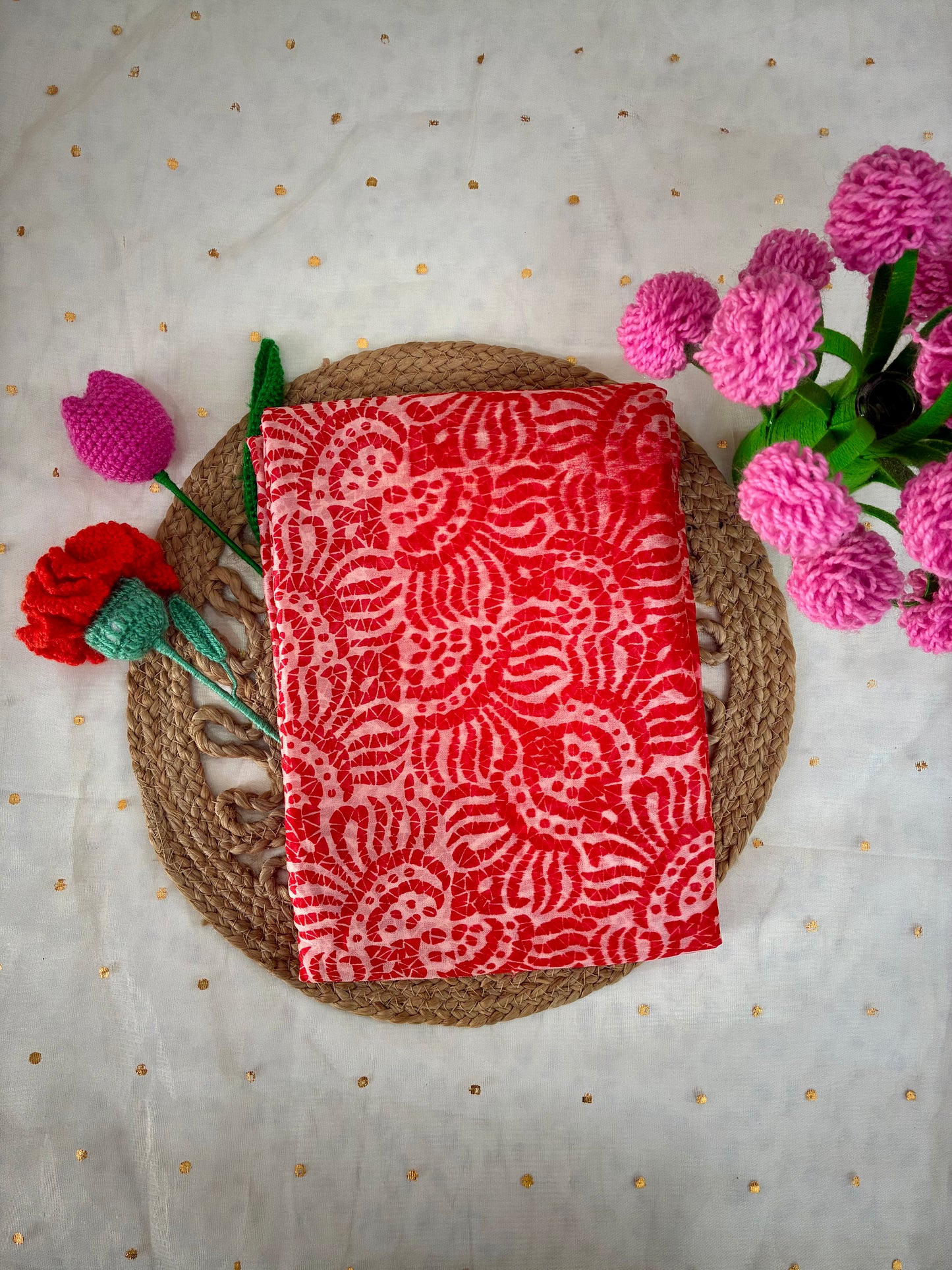 Red White Printed Semi Chiffon Saree