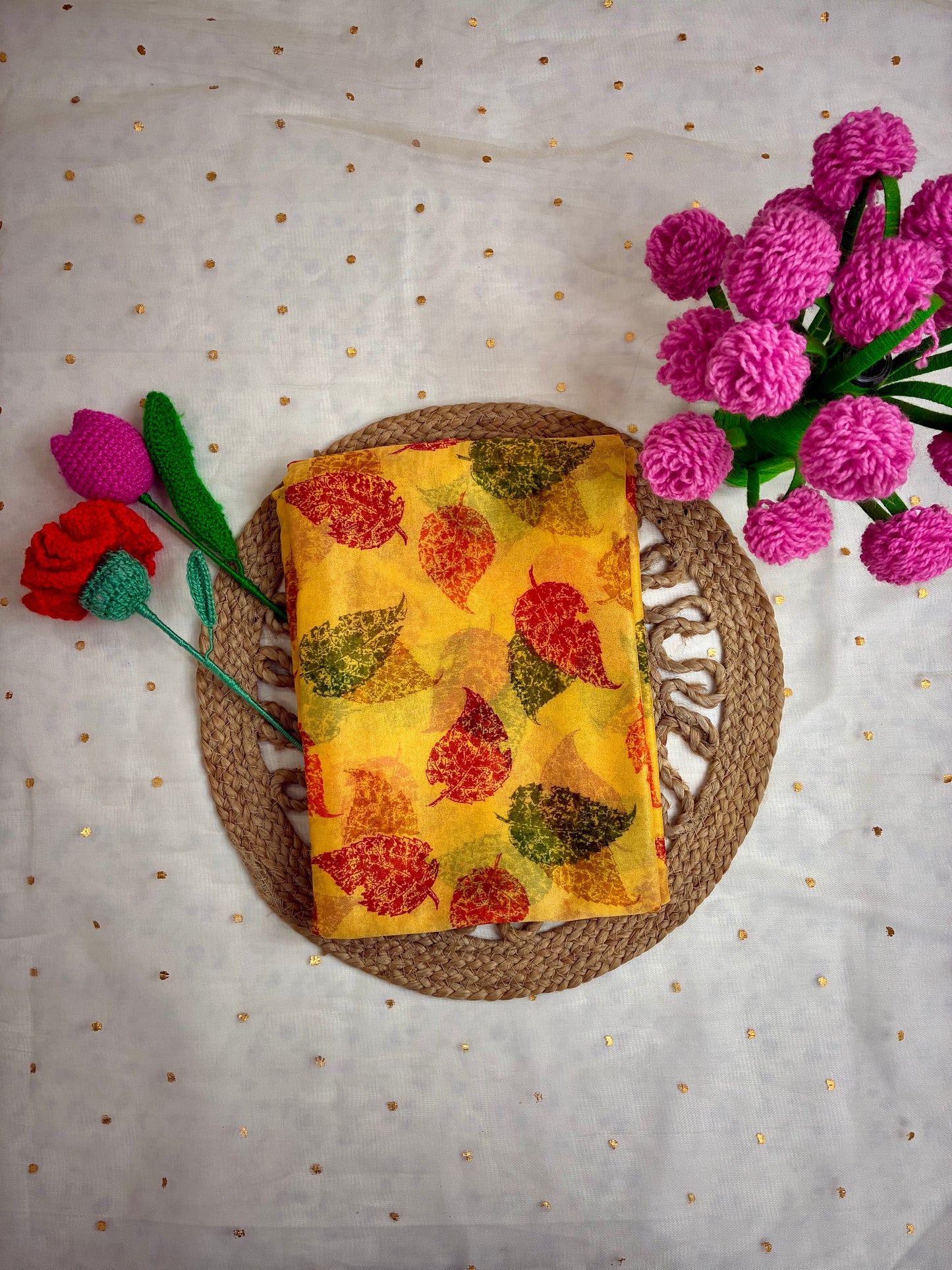Yellow Leaf Design Semi Chiffon Saree