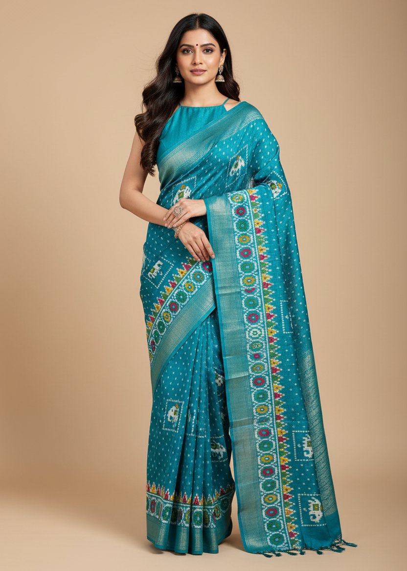 Teal Pochampally Design Festive Saree