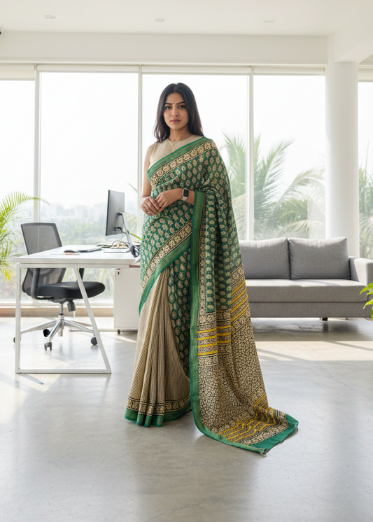 Green Maheshwari Striped Bagru print Saree